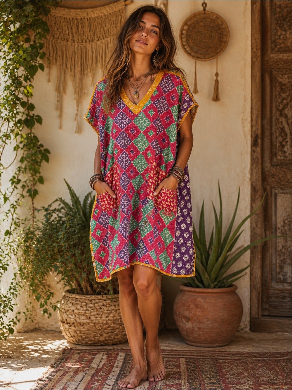 Kantha Reversible Boho V-Neck Tunic Dress in Magenta & Green/Orange and Yellow